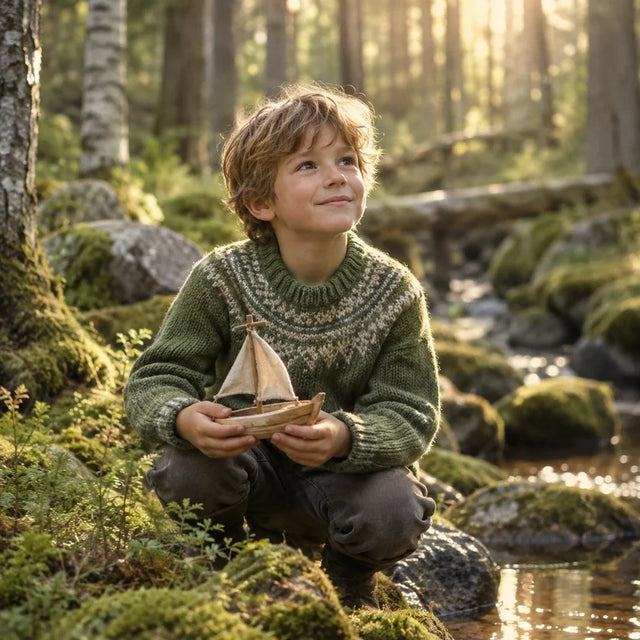 Et barn med en trebåt i en lys skog