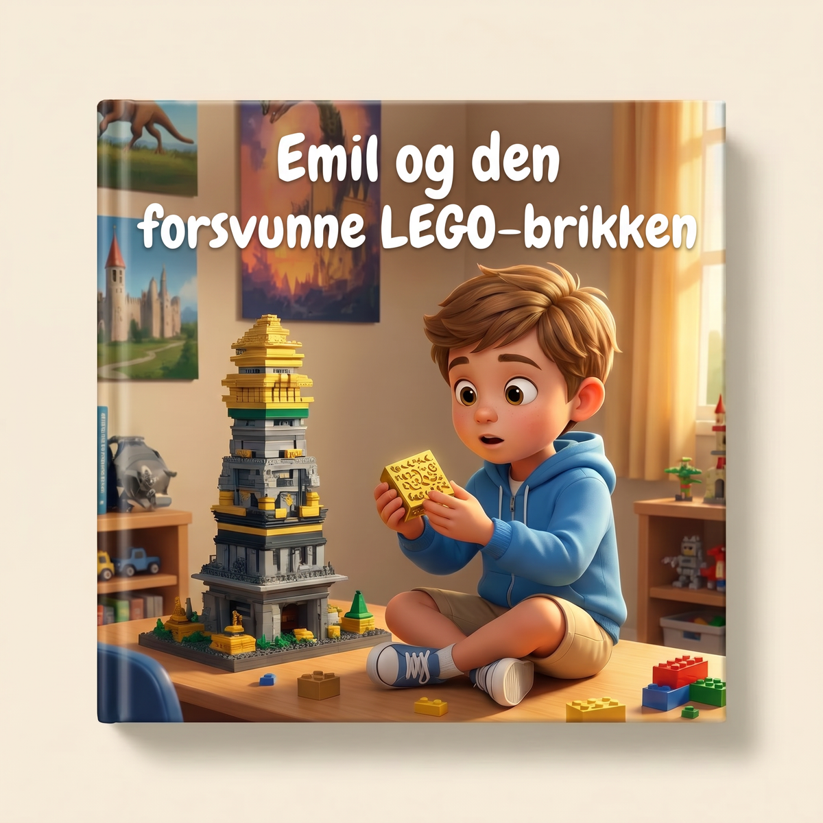 Lukket bok «Emil og den forsvunne LEGO-brikken» på nøytral bakgrunn