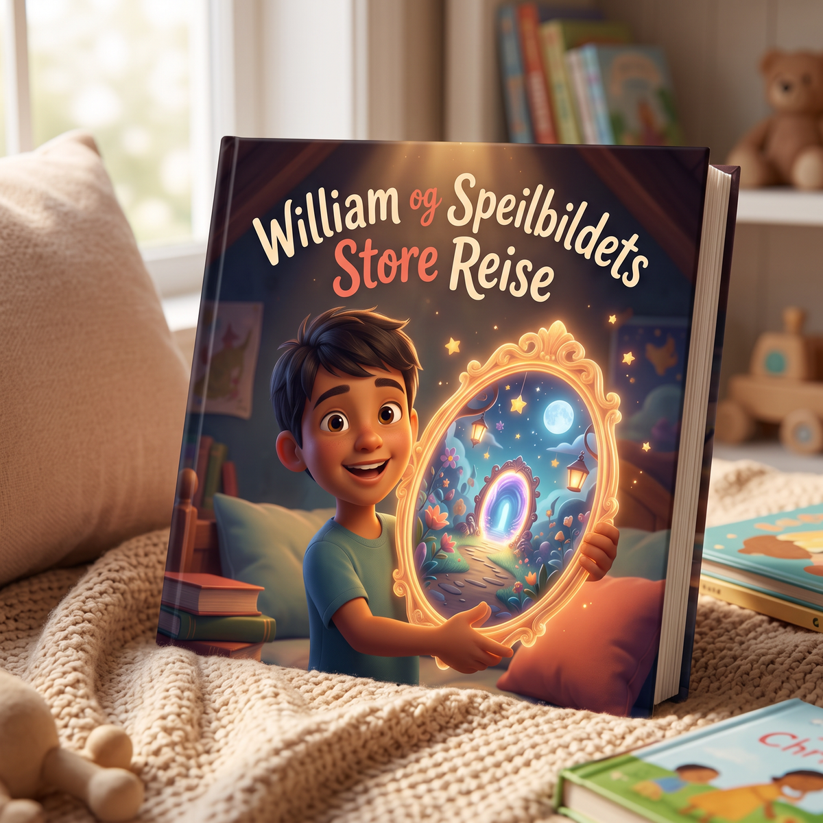 Lukket bok «William og Speilbildets Store Reise» på nøytral bakgrunn