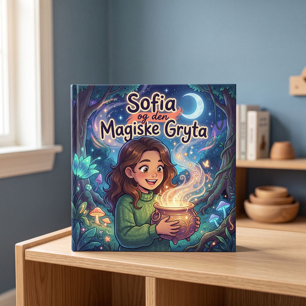 Lukket bok «Sofia og den Magiske Gryta» på nøytral bakgrunn