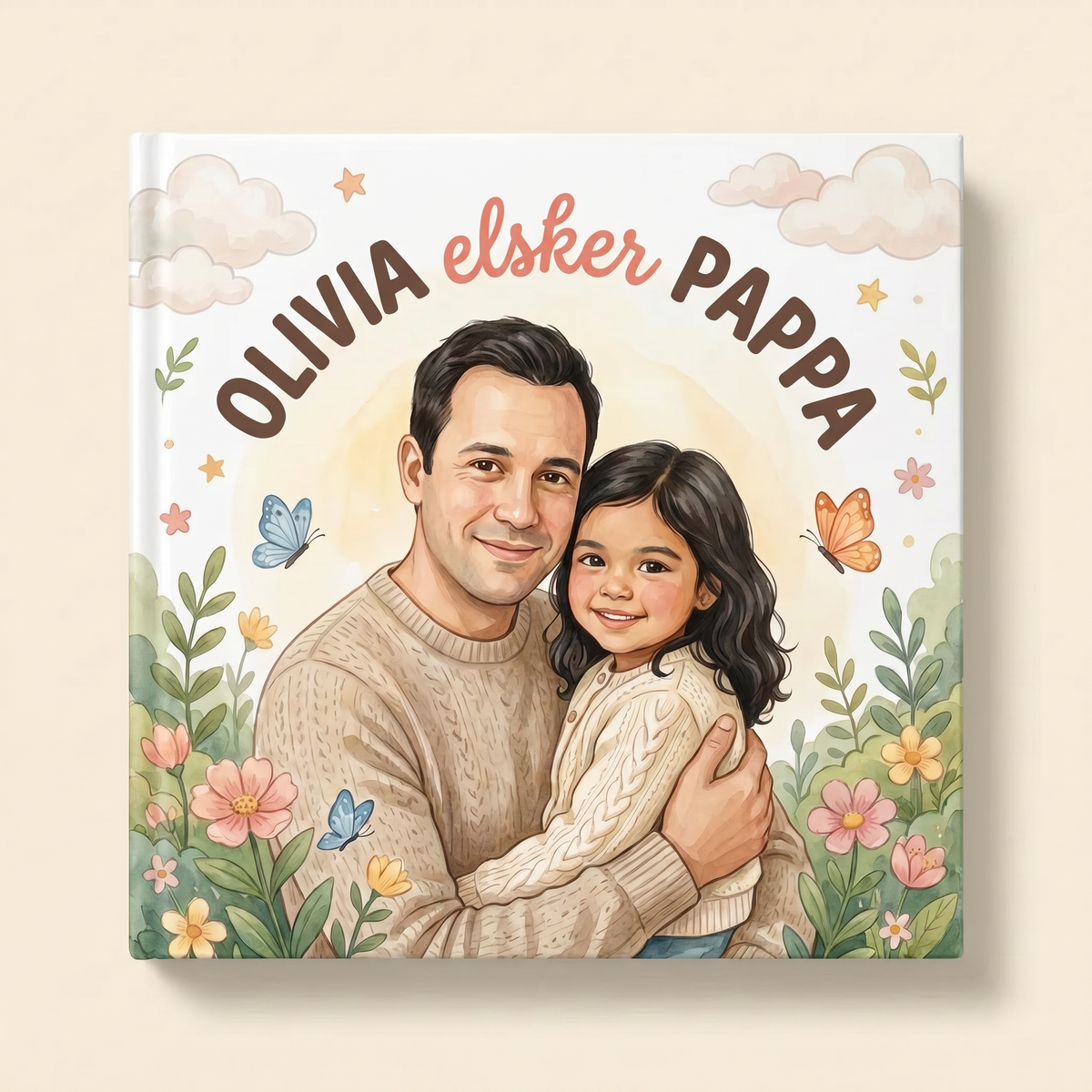 Personlig bok «Olivia elsker Pappa» på lys, nøytral bakgrunn