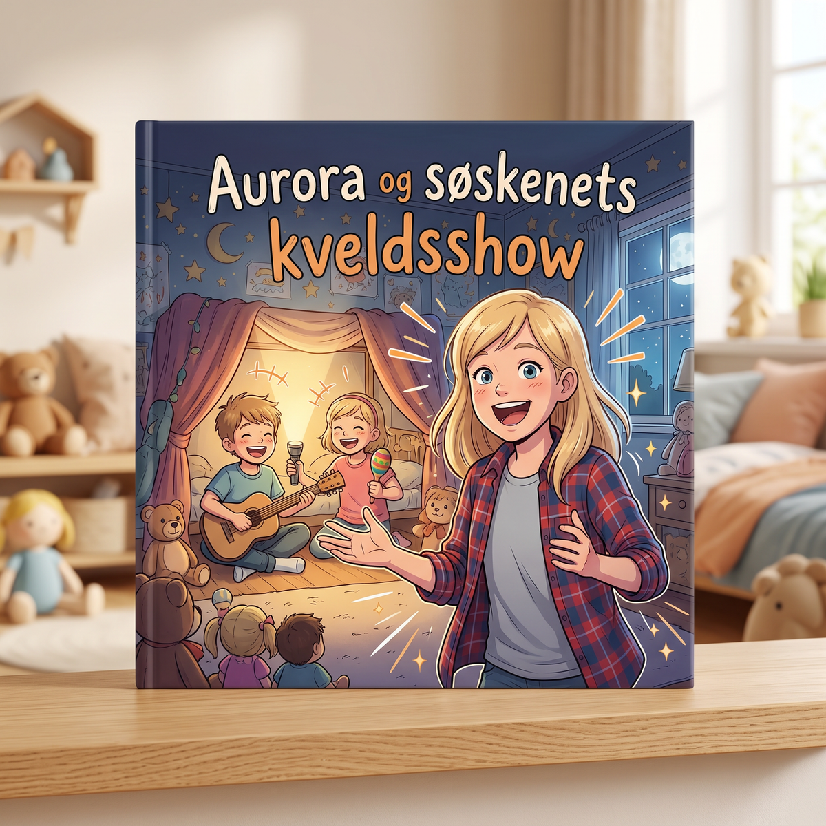 Lukket bok «Aurora og Søskenets Kveldsshow» på nøytral bakgrunn