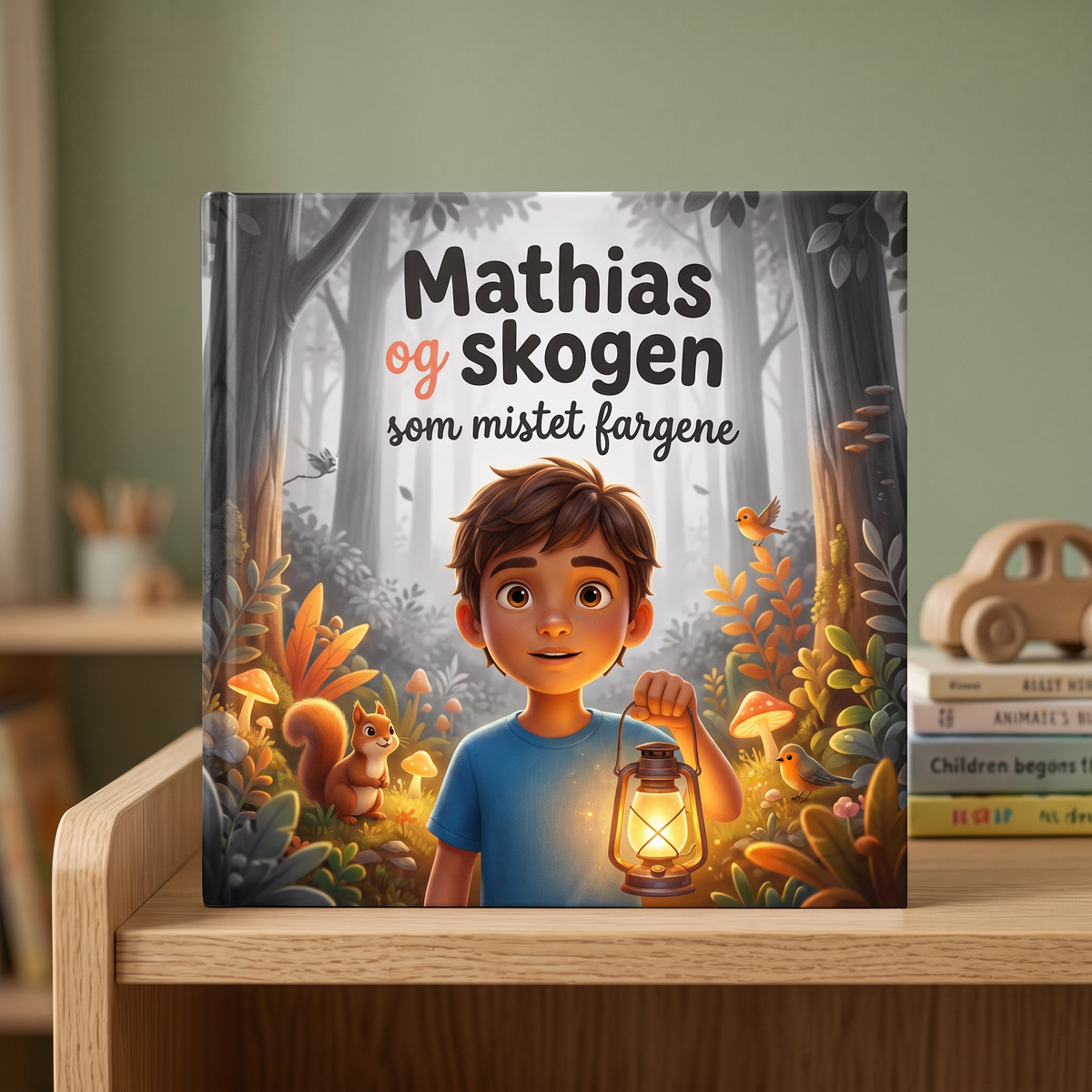 Lukket bok «Mathias og skogen som mistet fargene» på nøytral bakgrunn
