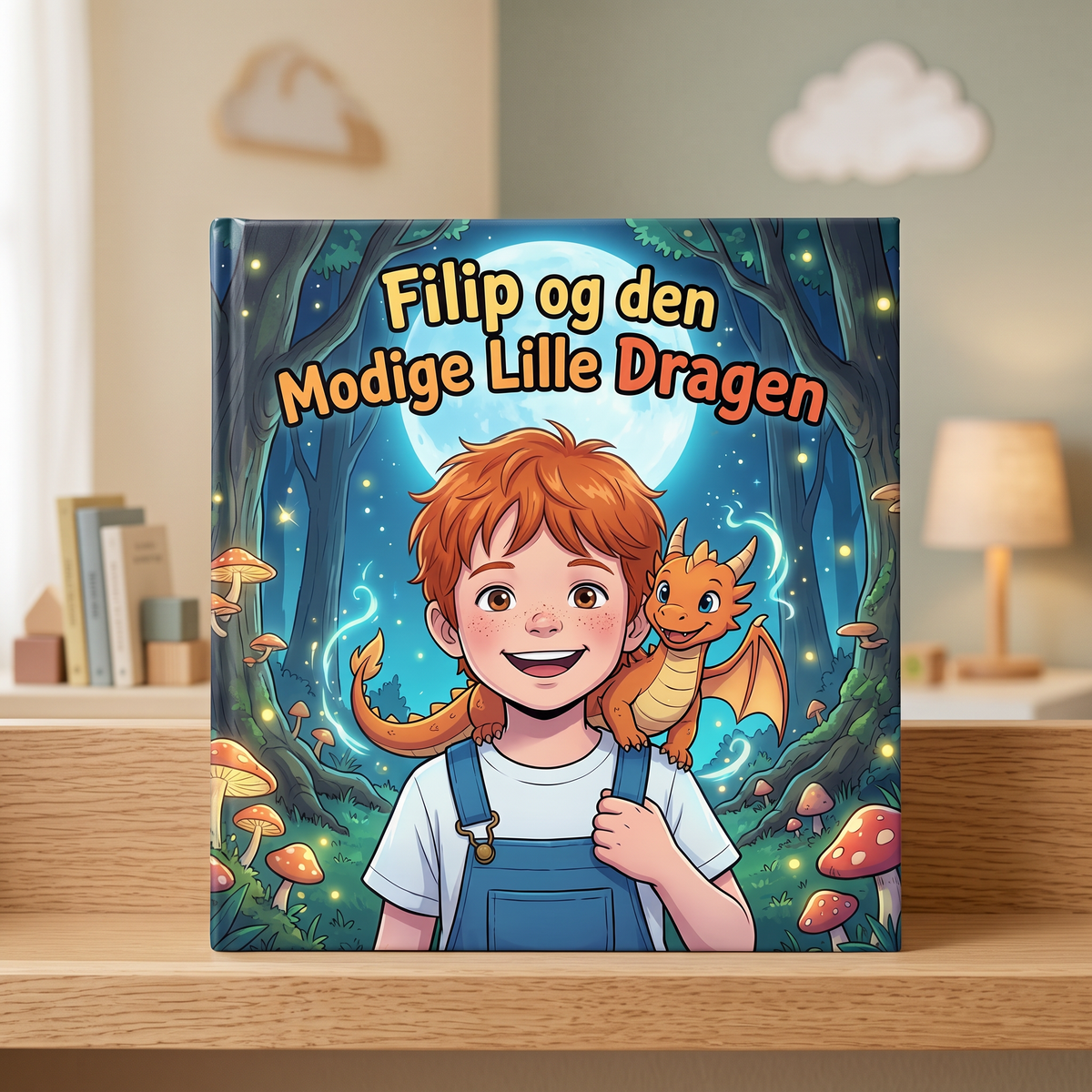 Lukket bok «Filip og den Modige Lille Dragen» på nøytral bakgrunn