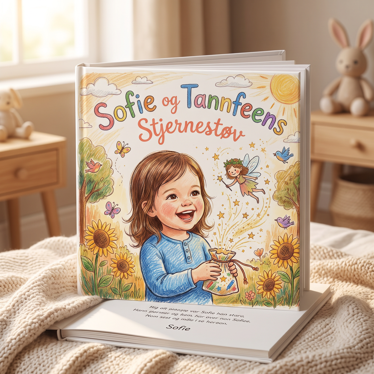 Lukket bok «Sofie og Tannfeens Stjernestøv» på nøytral bakgrunn