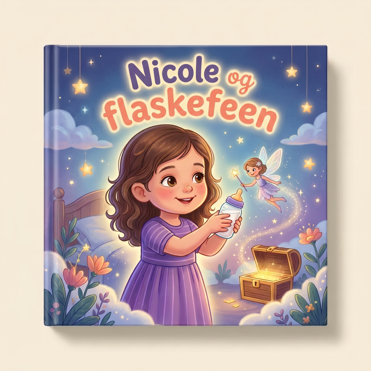 En lukket bok på en varm, kremfarget bakgrunn med tittelen «Nicole og flaskefeen».