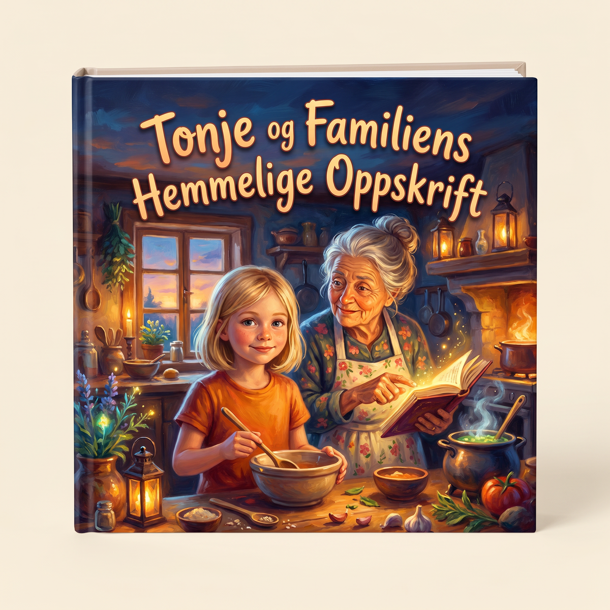 Lukket bok «Tonje og Familiens Hemmelige Oppskrift» på nøytral bakgrunn