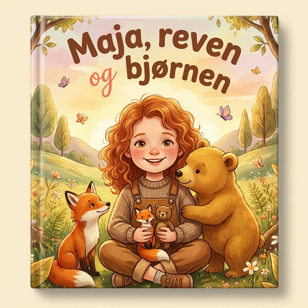 Personlig bok «Maja, reven og bjørnen» på lys, nøytral bakgrunn