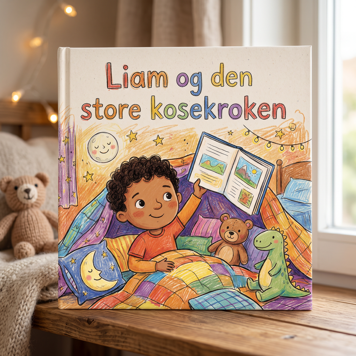 Lukket bok «Liam og den store kosekroken» på nøytral bakgrunn