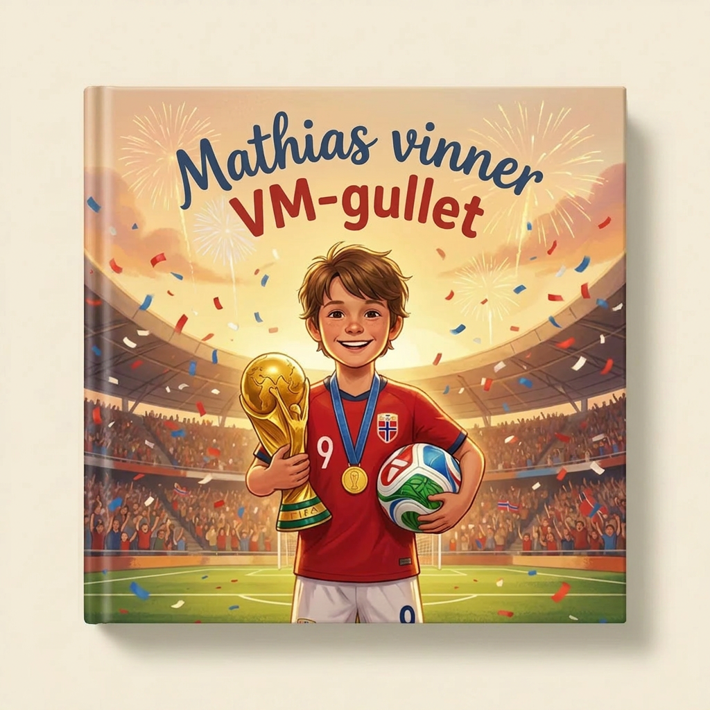 Personlig bok «Mathias vinner VM-gullet» på lys, nøytral bakgrunn