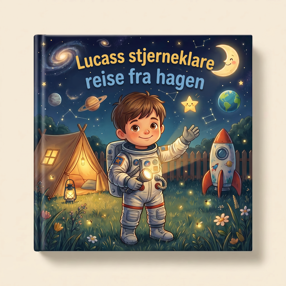 Personlig bok «Lucass stjerneklare reise fra hagen» på lys, nøytral bakgrunn