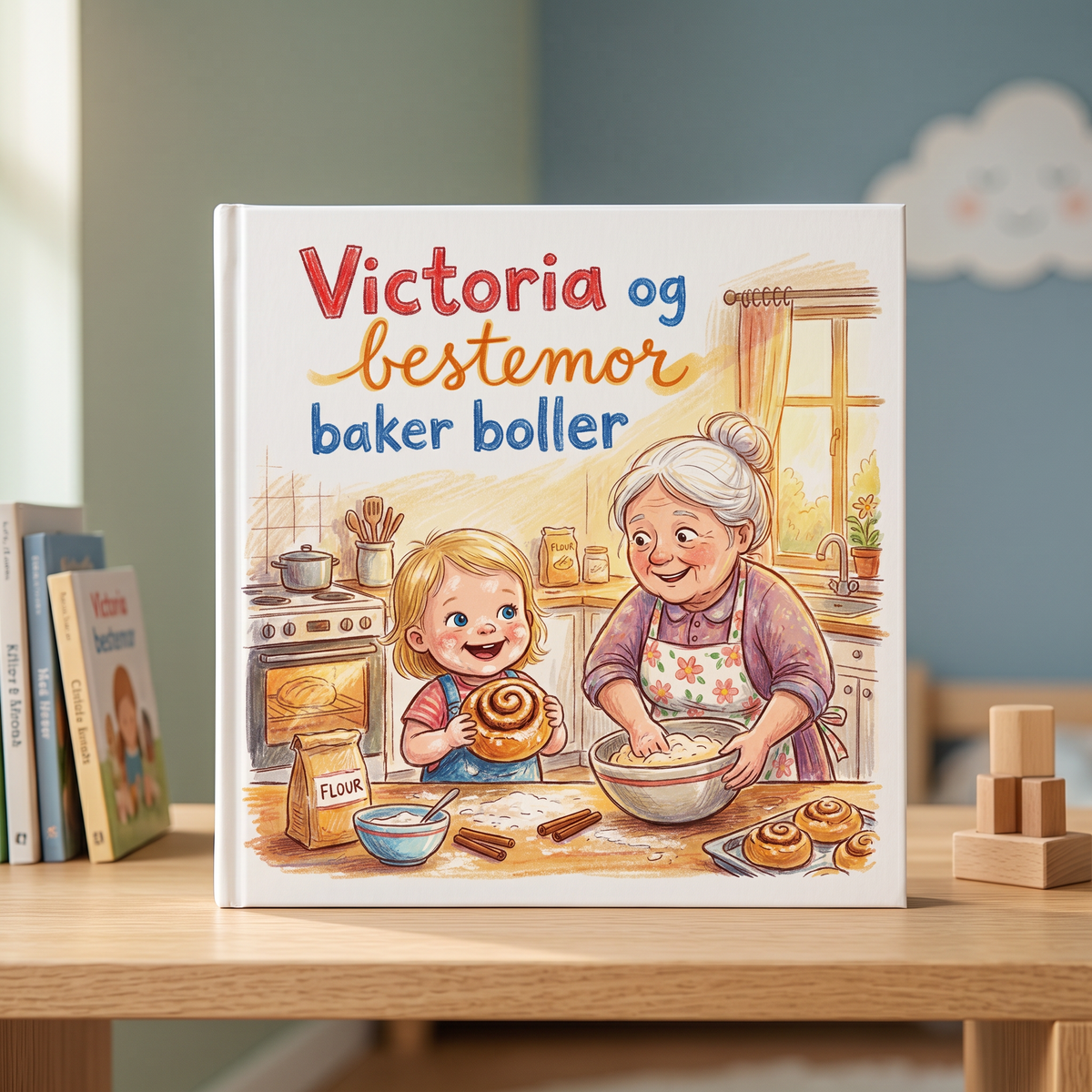 Lukket bok «Victoria og bestemor baker boller» på nøytral bakgrunn