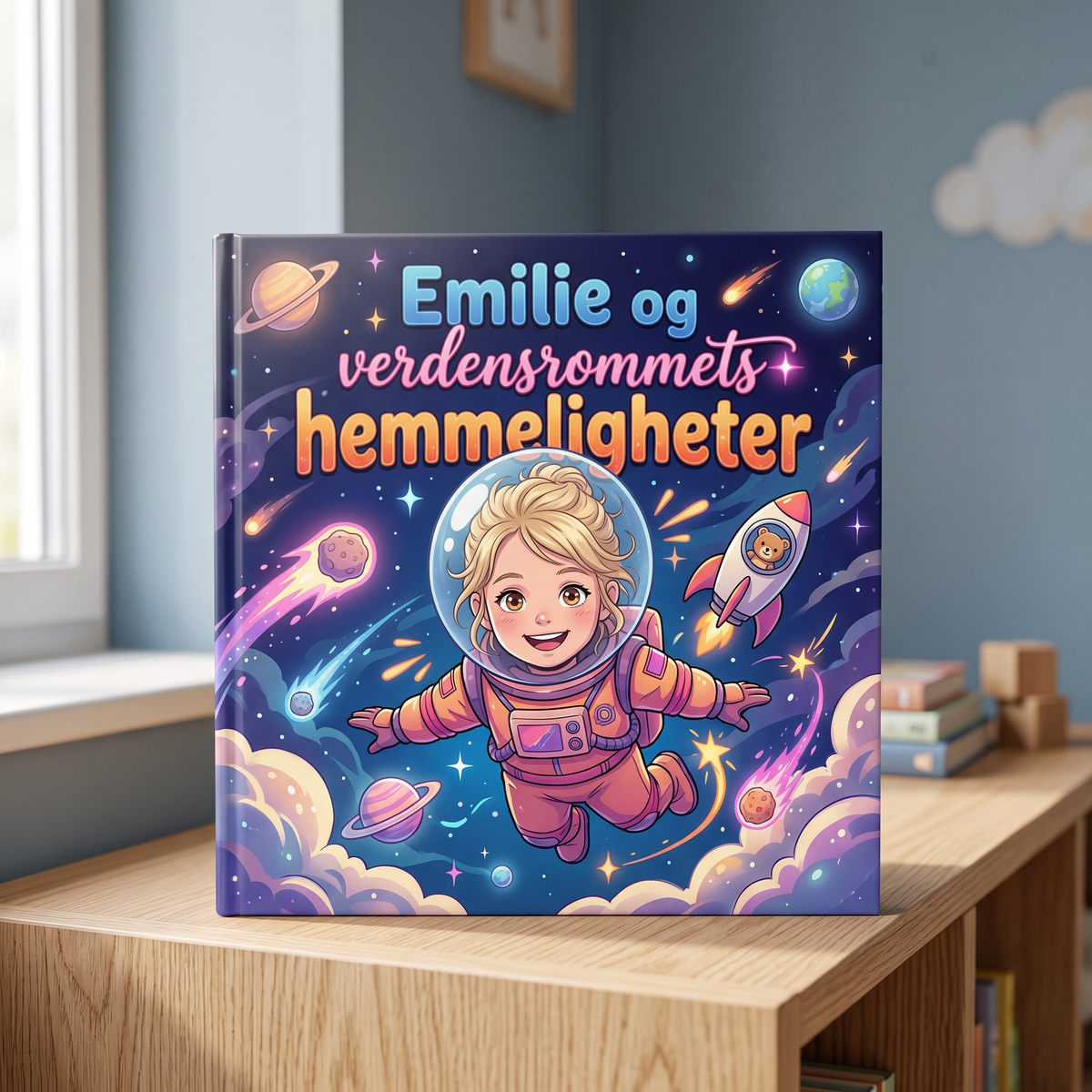 Lukket bok «Emilie og verdensrommets hemmeligheter» på nøytral bakgrunn