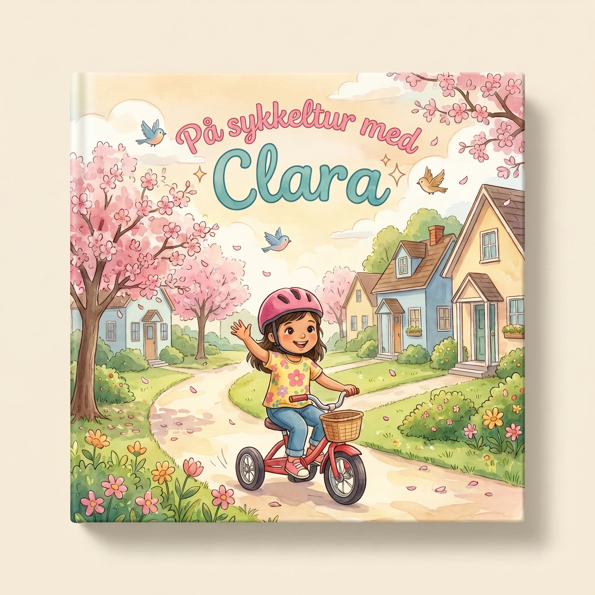 Lukket personlig bok på lys bakgrunn med tittelen « På sykkeltur med Clara » og Clara på sykkel på omslaget.