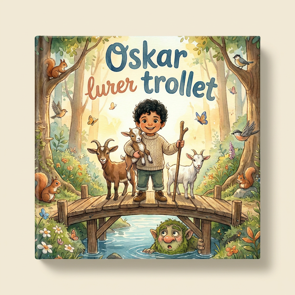 Personlig bok «Oskar lurer trollet» på lys, nøytral bakgrunn
