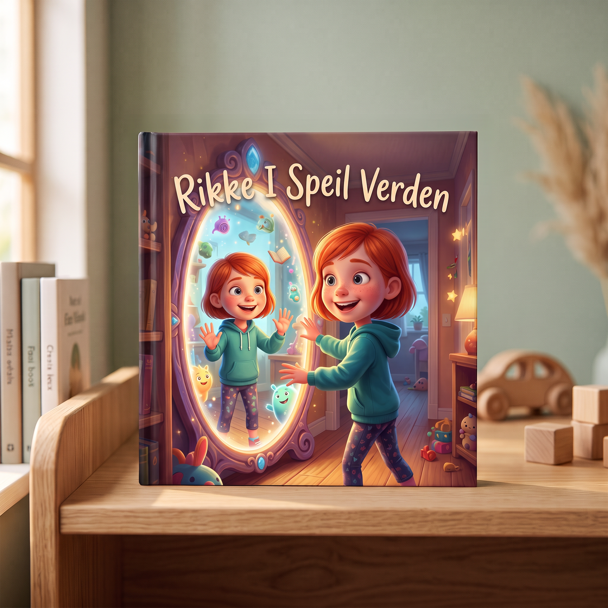 Lukket bok «Rikke I Speil Verden» på nøytral bakgrunn