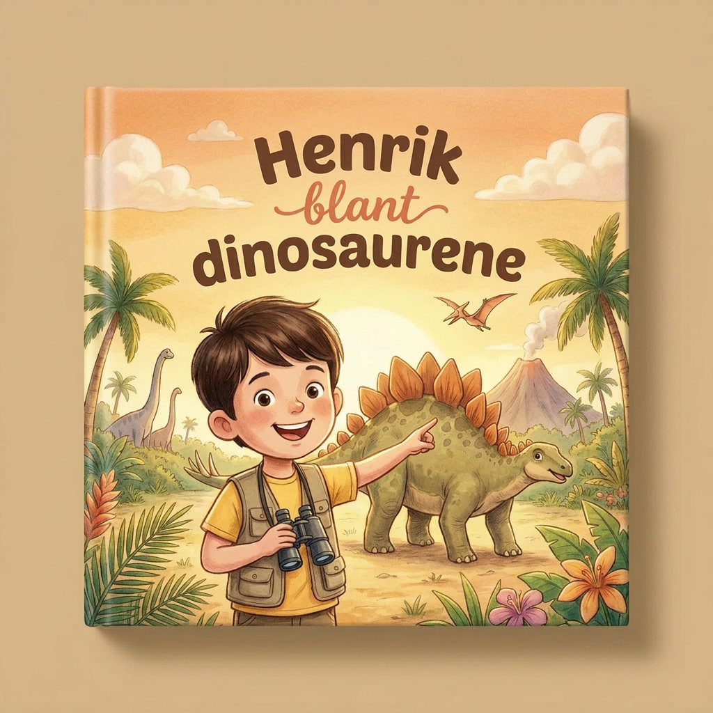Personlig bok «Henrik blant dinosaurene» på lys, nøytral bakgrunn