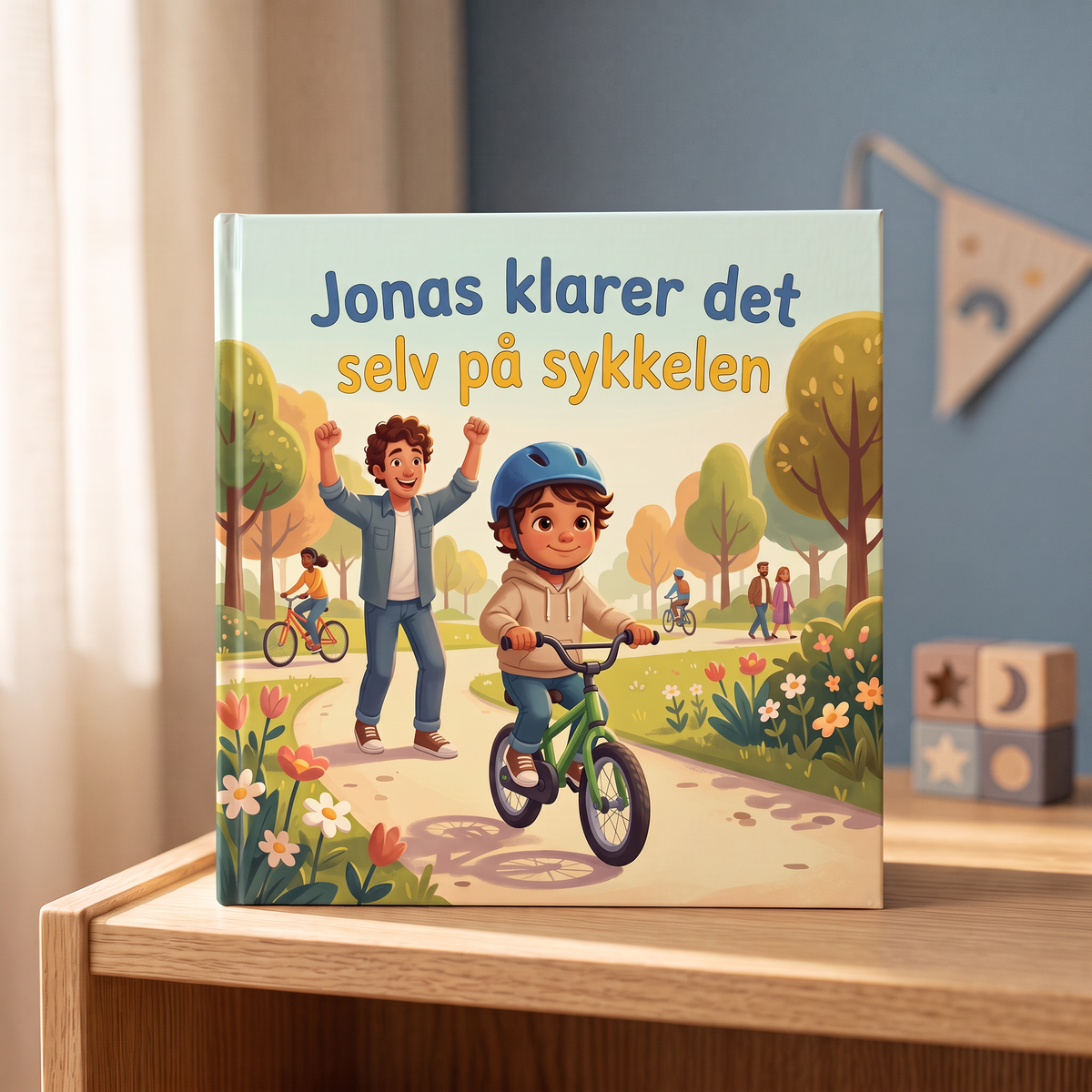 Lukket bok «Jonas klarer det selv på sykkelen» på nøytral bakgrunn