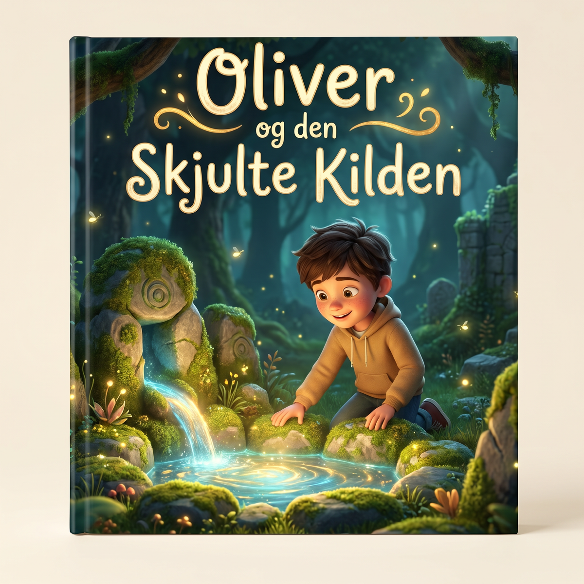 Lukket bok «Oliver og den Skjulte Kilden» på nøytral bakgrunn
