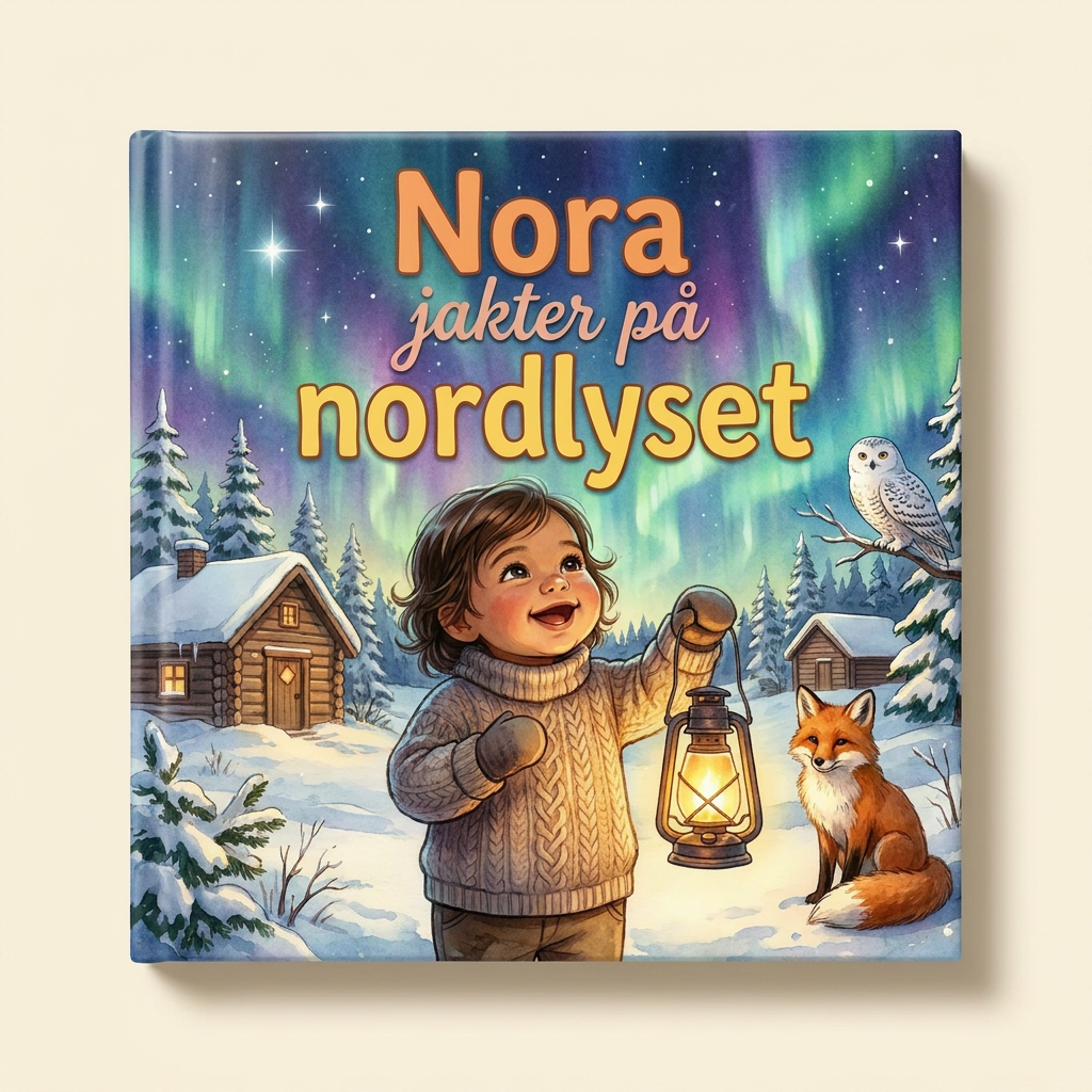 Personlig bok «Nora jakter på nordlyset» på lys, nøytral bakgrunn
