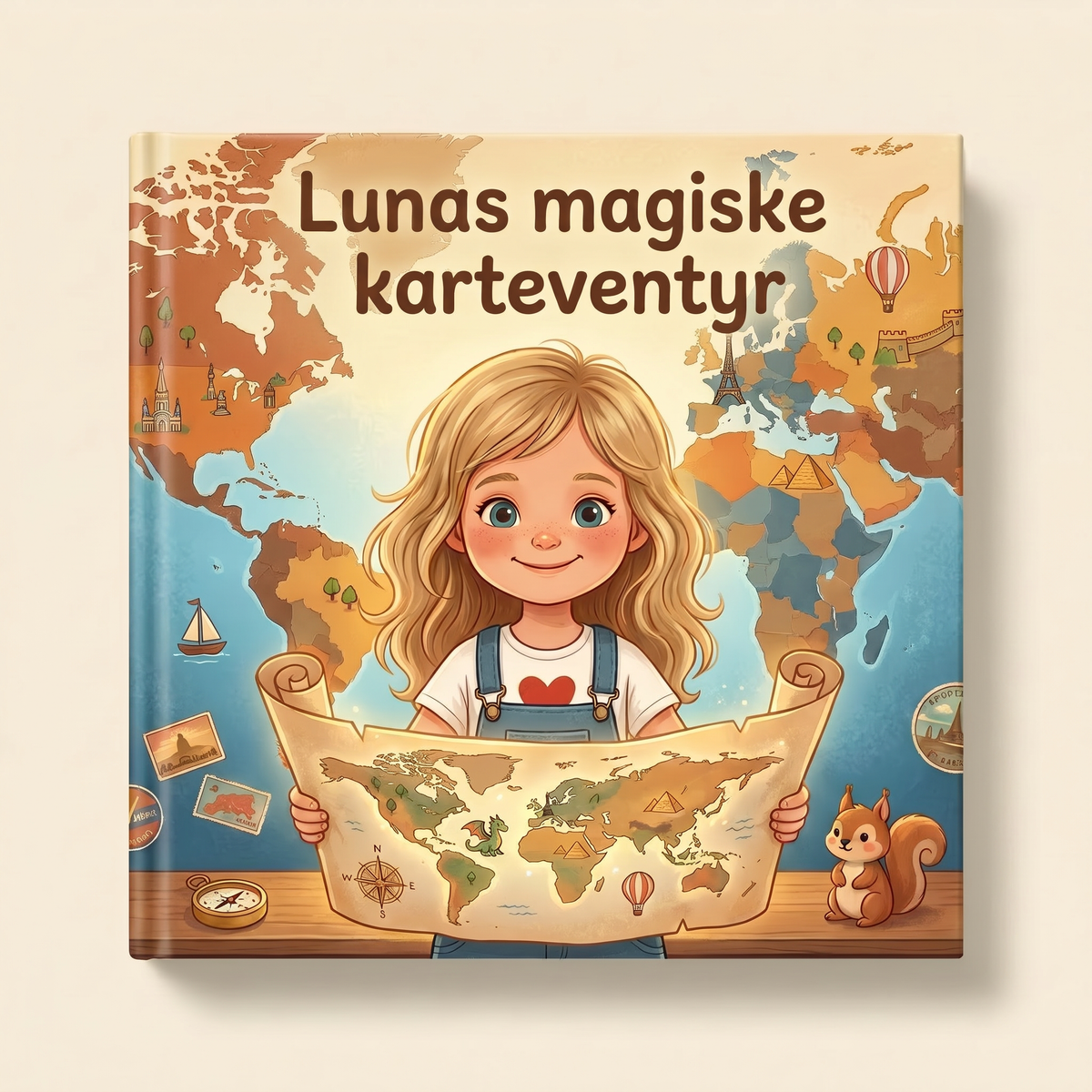 Personlig bok «Lunas magiske karteventyr» på lys, nøytral bakgrunn