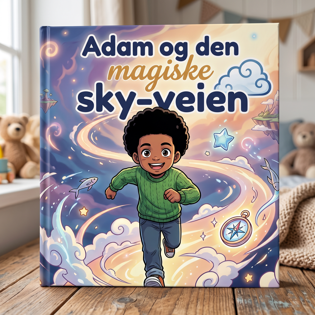 Lukket bok «Adam og den magiske sky-veien» på nøytral bakgrunn