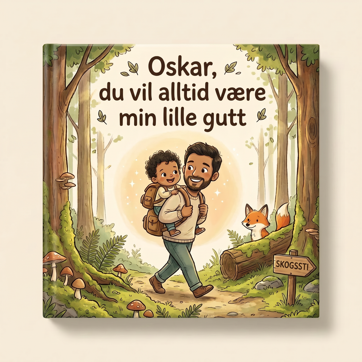 Personlig bok «Oskar, du vil alltid være min lille gutt» på lys, nøytral bakgrunn