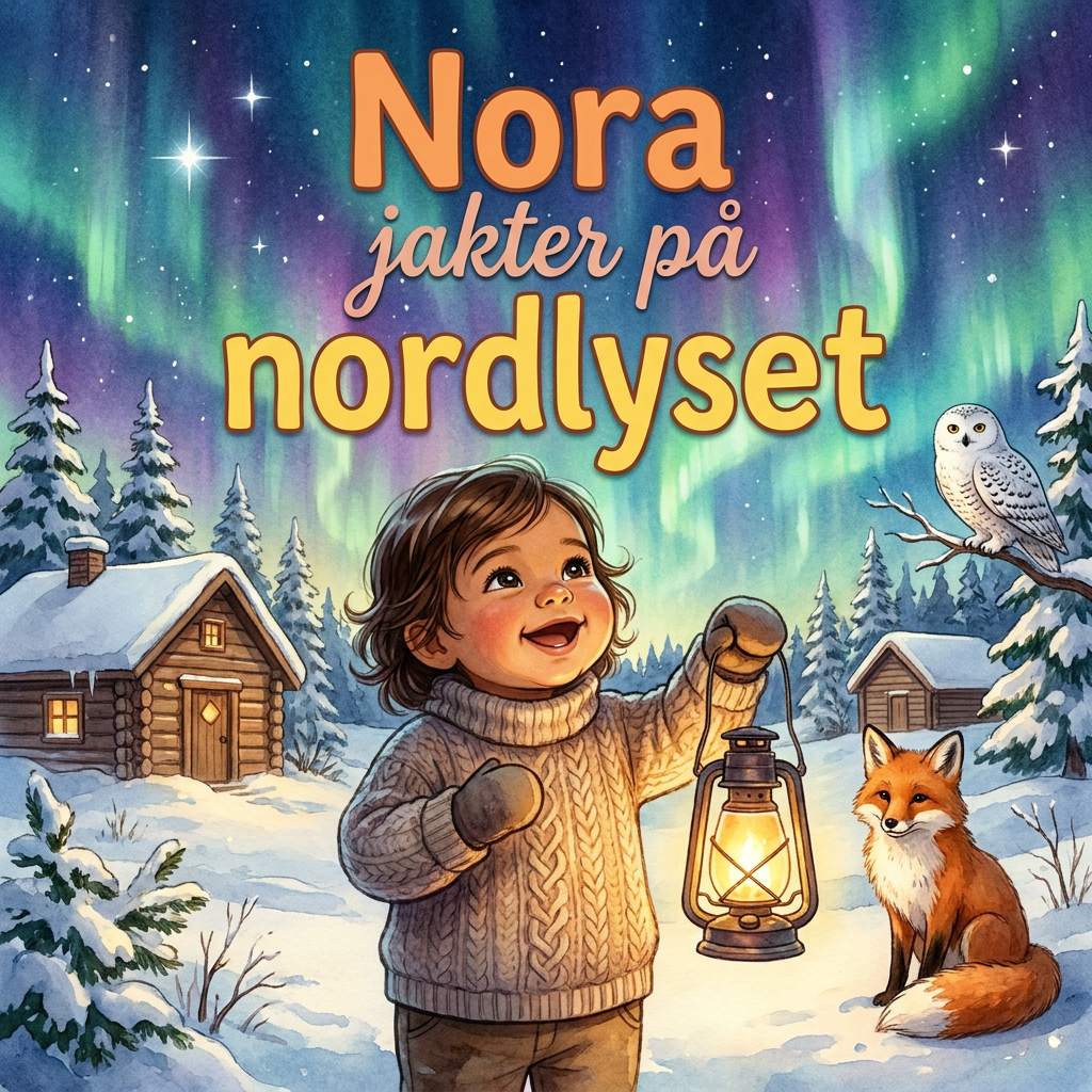 Illustrert forside til «Nora jakter på nordlyset»