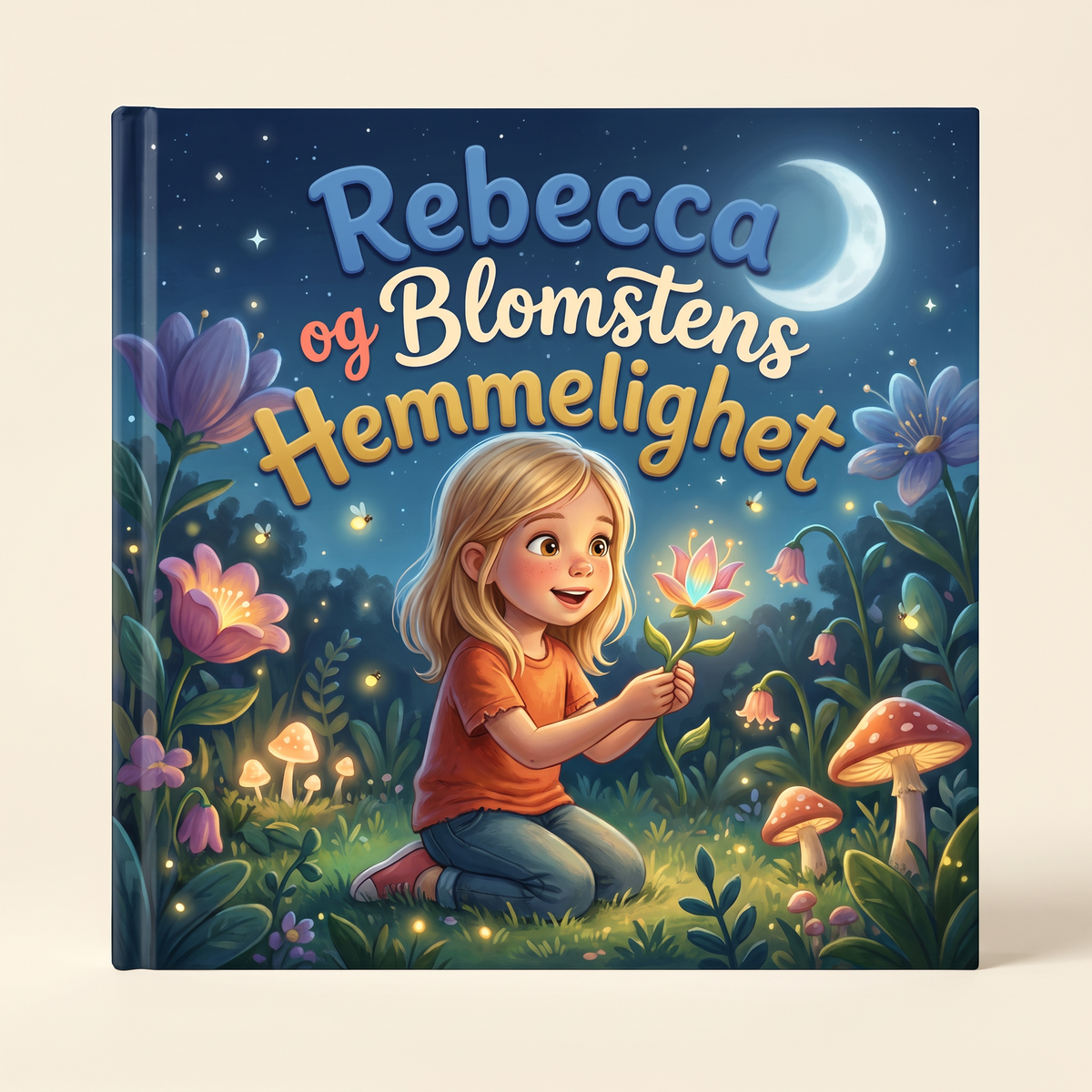 Lukket bok «Rebecca og Blomstens Hemmelighet» på nøytral bakgrunn