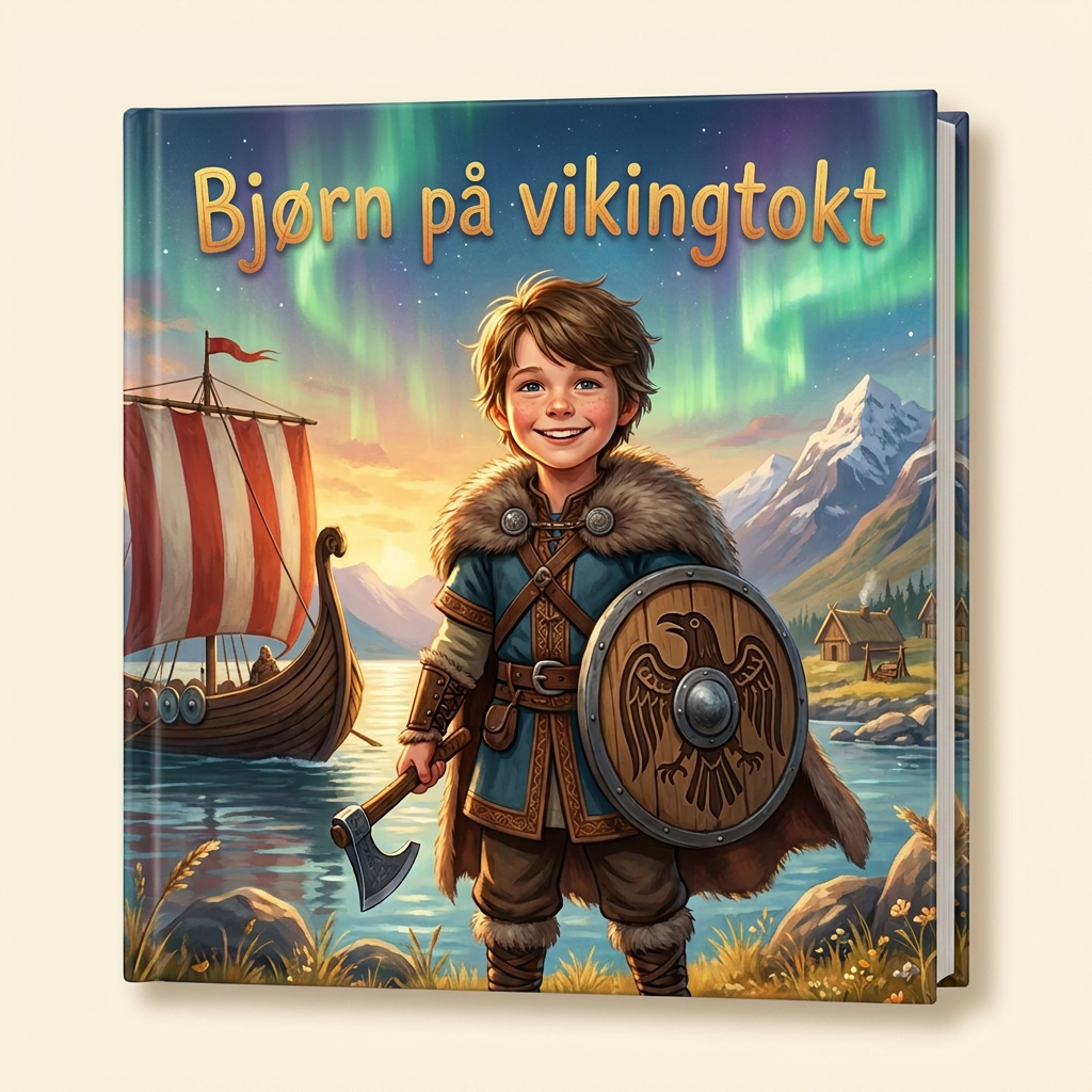 Personlig bok «Bjørn på vikingtokt» på lys, nøytral bakgrunn