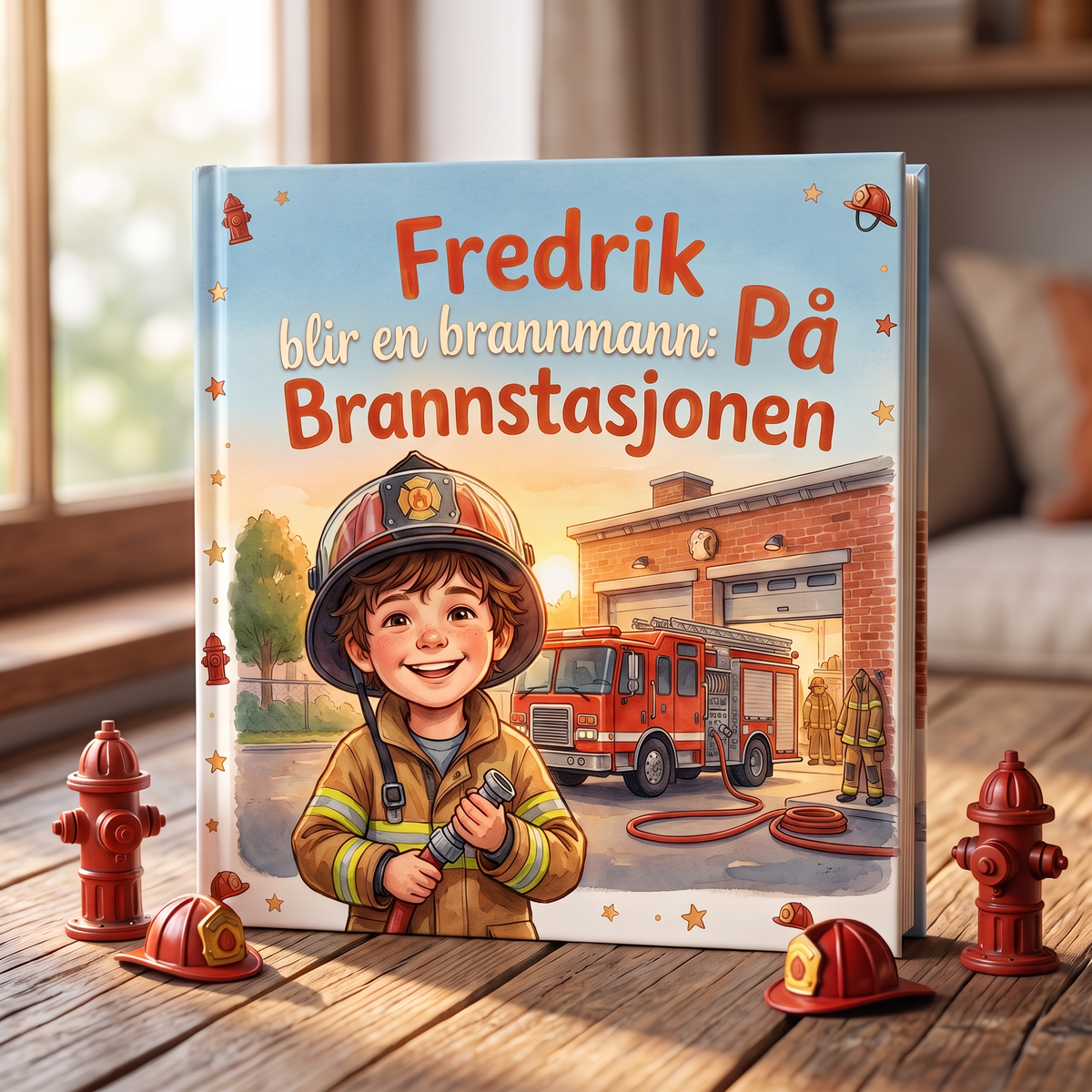Lukket bok «Fredrik blir en brannmann: På Brannstasjonen» på nøytral bakgrunn