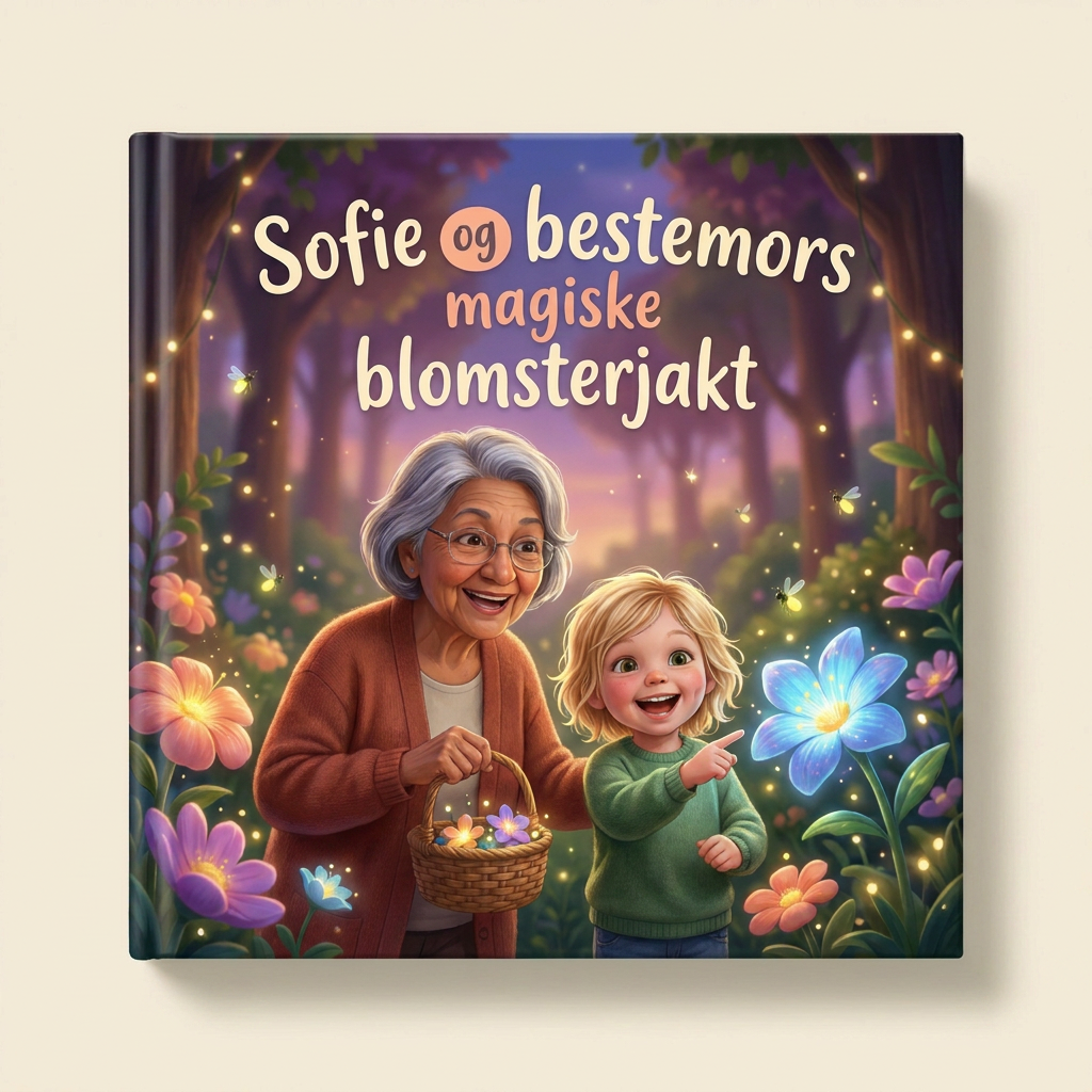 Personlig bok «Sofie og bestemors magiske blomsterjakt» på lys, nøytral bakgrunn