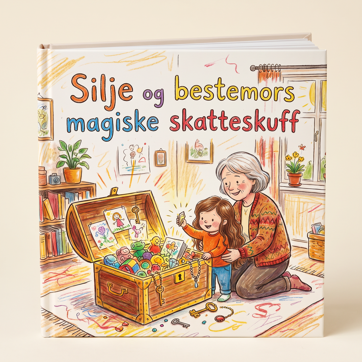 Lukket bok «Silje og bestemors magiske skatteskuff» på nøytral bakgrunn