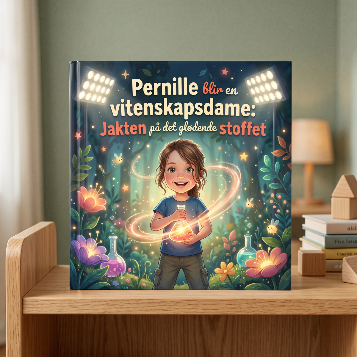 Lukket bok «Pernille blir en vitenskapsdame: Jakten på det glødende stoffet» på nøytral bakgrunn