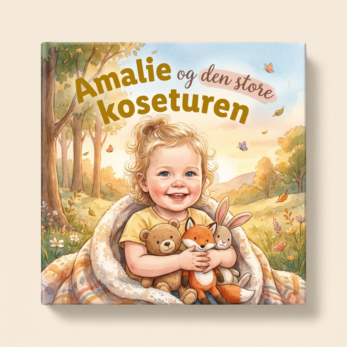 Lukket bokmockup av «Amalie og den store koseturen» på lys, nøytral bakgrunn