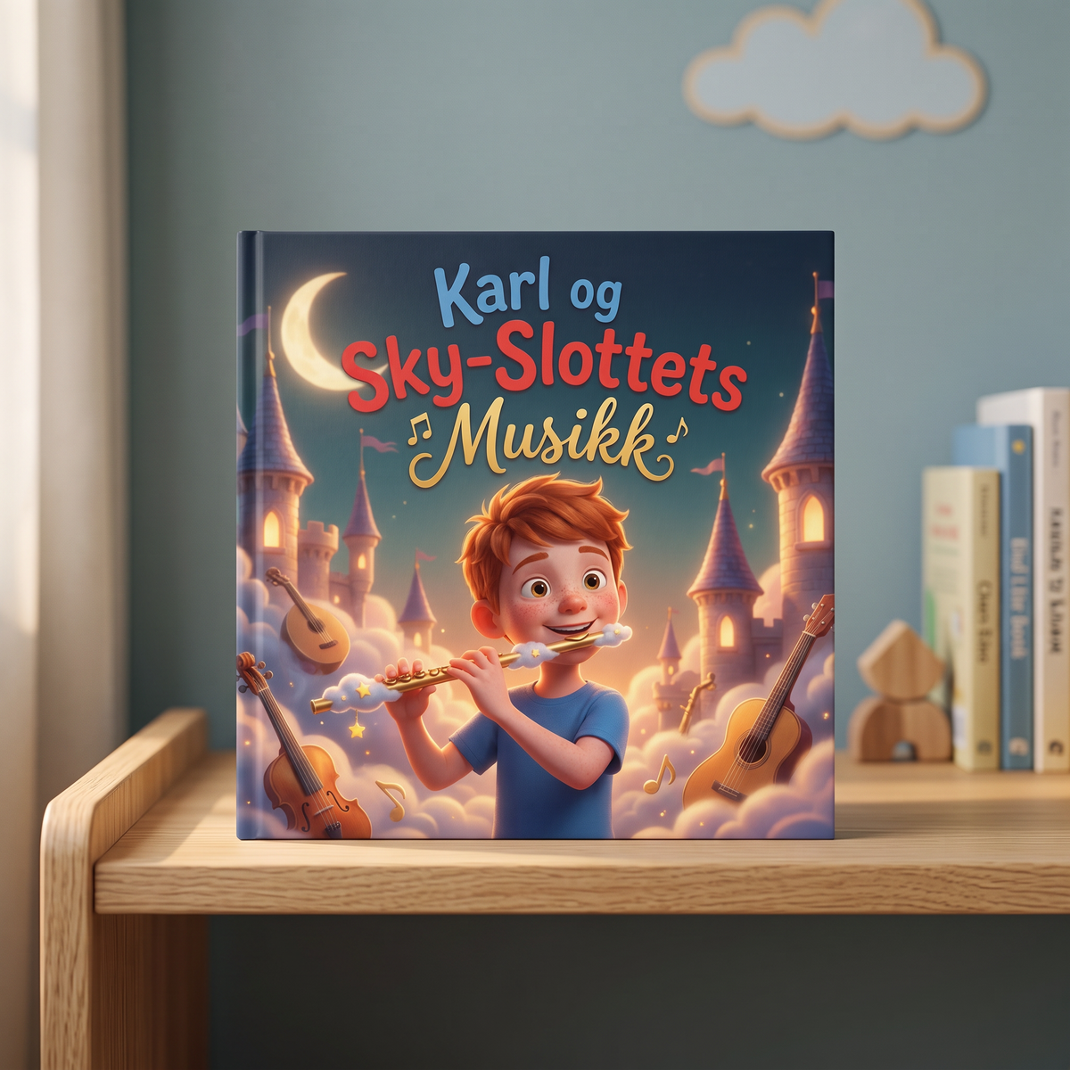 Lukket bok «Karl og Sky-Slottets Musikk» på nøytral bakgrunn