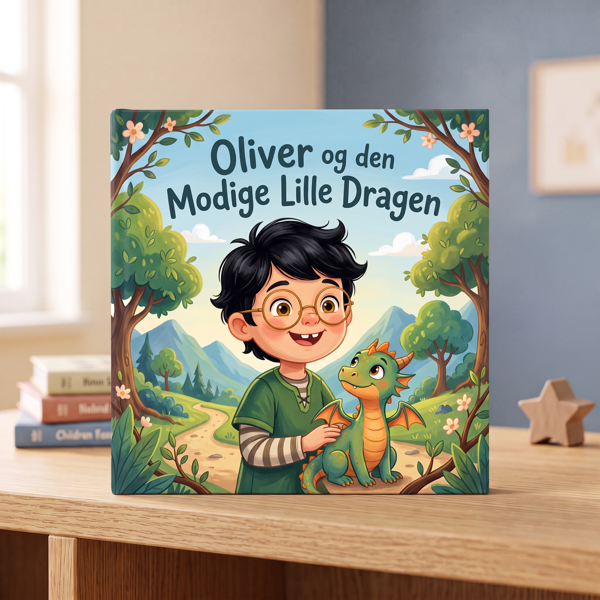 Lukket bok «Oliver og den Modige Lille Dragen» på nøytral bakgrunn
