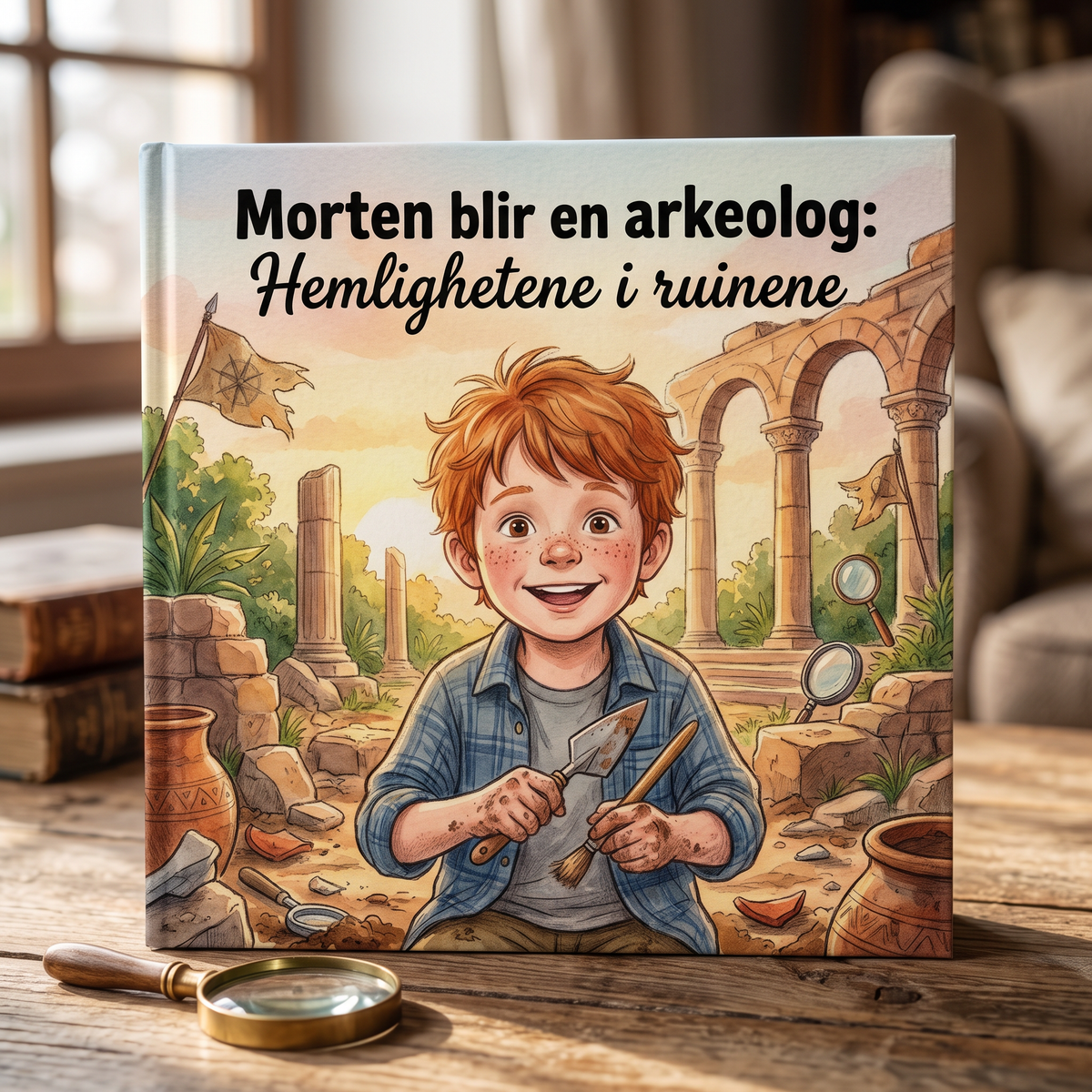 Lukket bok «Morten blir en arkeolog: Hemlighetene i ruinene» på nøytral bakgrunn