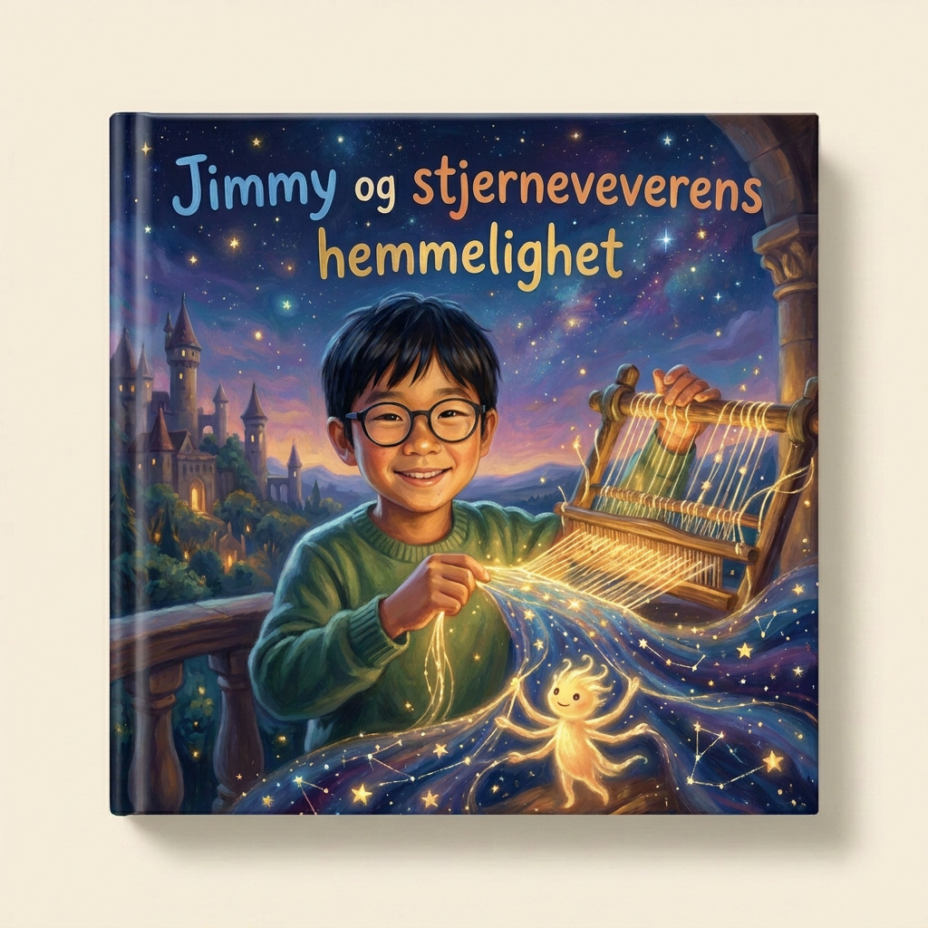 Personlig bok «Jimmy og stjerneveverens hemmelighet» på lys, nøytral bakgrunn