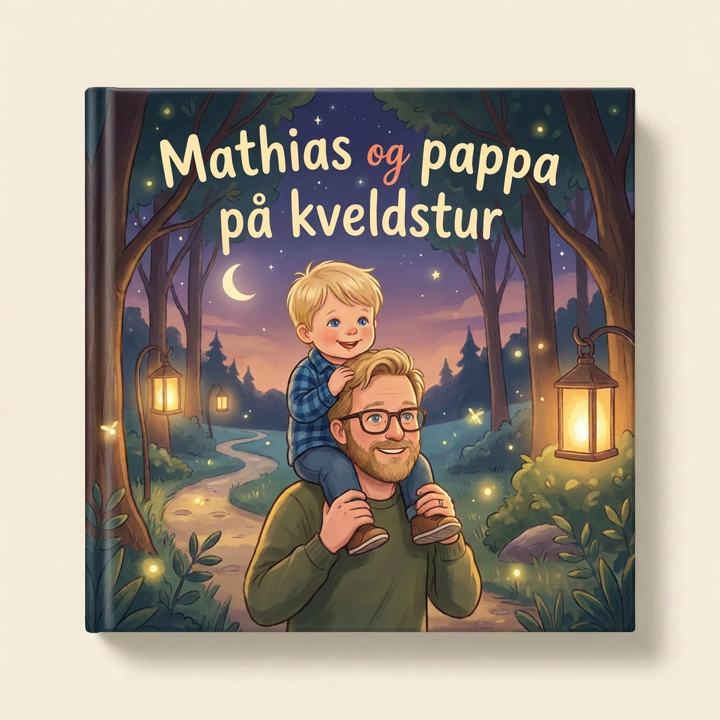 Personlig bok «Mathias og pappa på kveldstur» på lys, nøytral bakgrunn