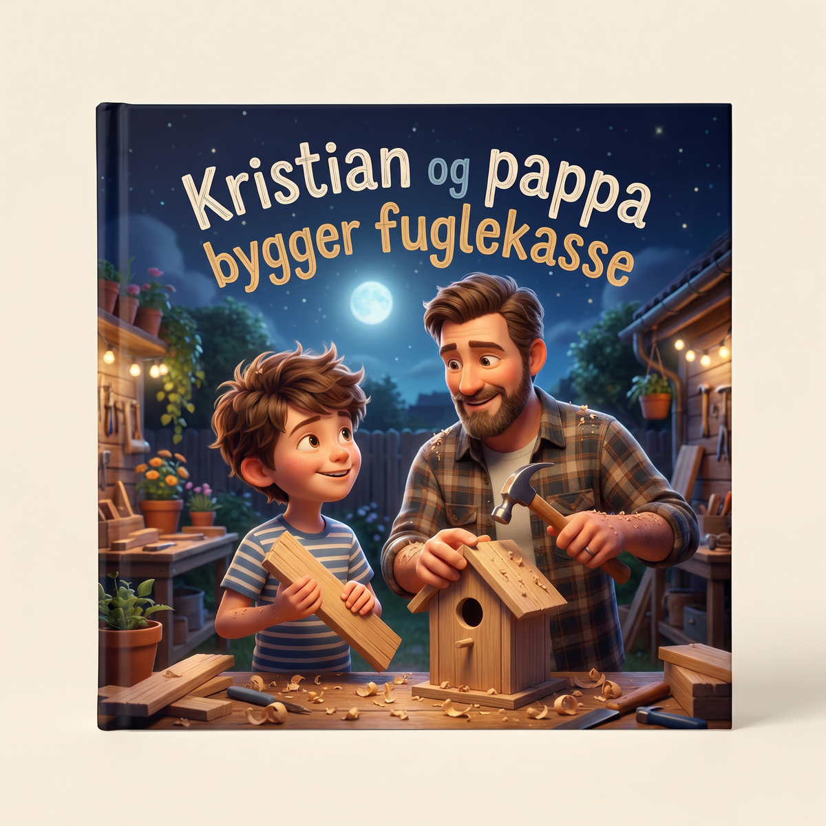 Lukket bok «Kristian og pappa bygger fuglekasse» på nøytral bakgrunn