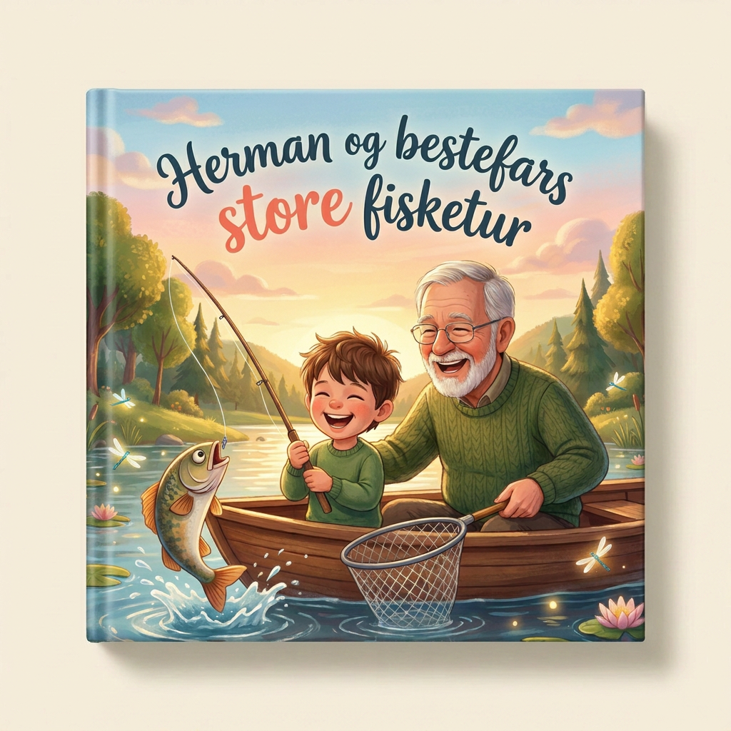 Personlig bok «Herman og bestefars store fisketur» på lys, nøytral bakgrunn
