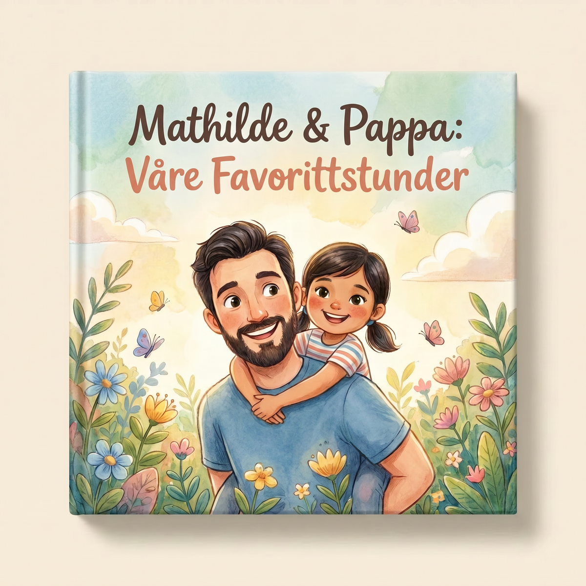 Personlig bok «Mathilde & Pappa: Våre Favorittstunder» på lys, nøytral bakgrunn