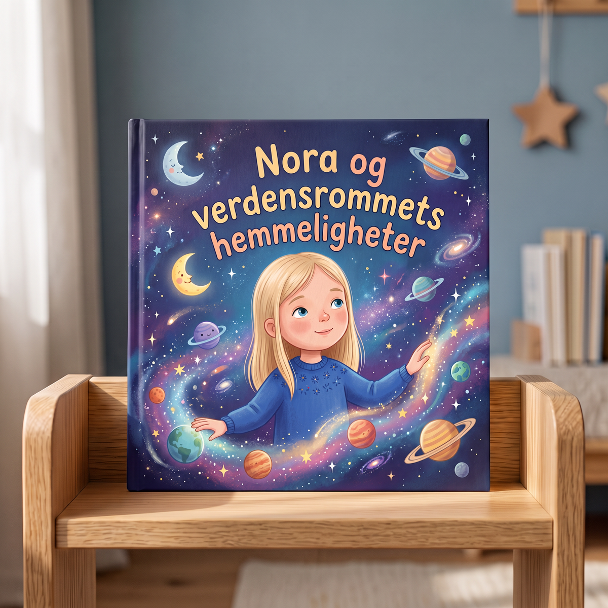 Lukket bok «Nora og verdensrommets hemmeligheter» på nøytral bakgrunn
