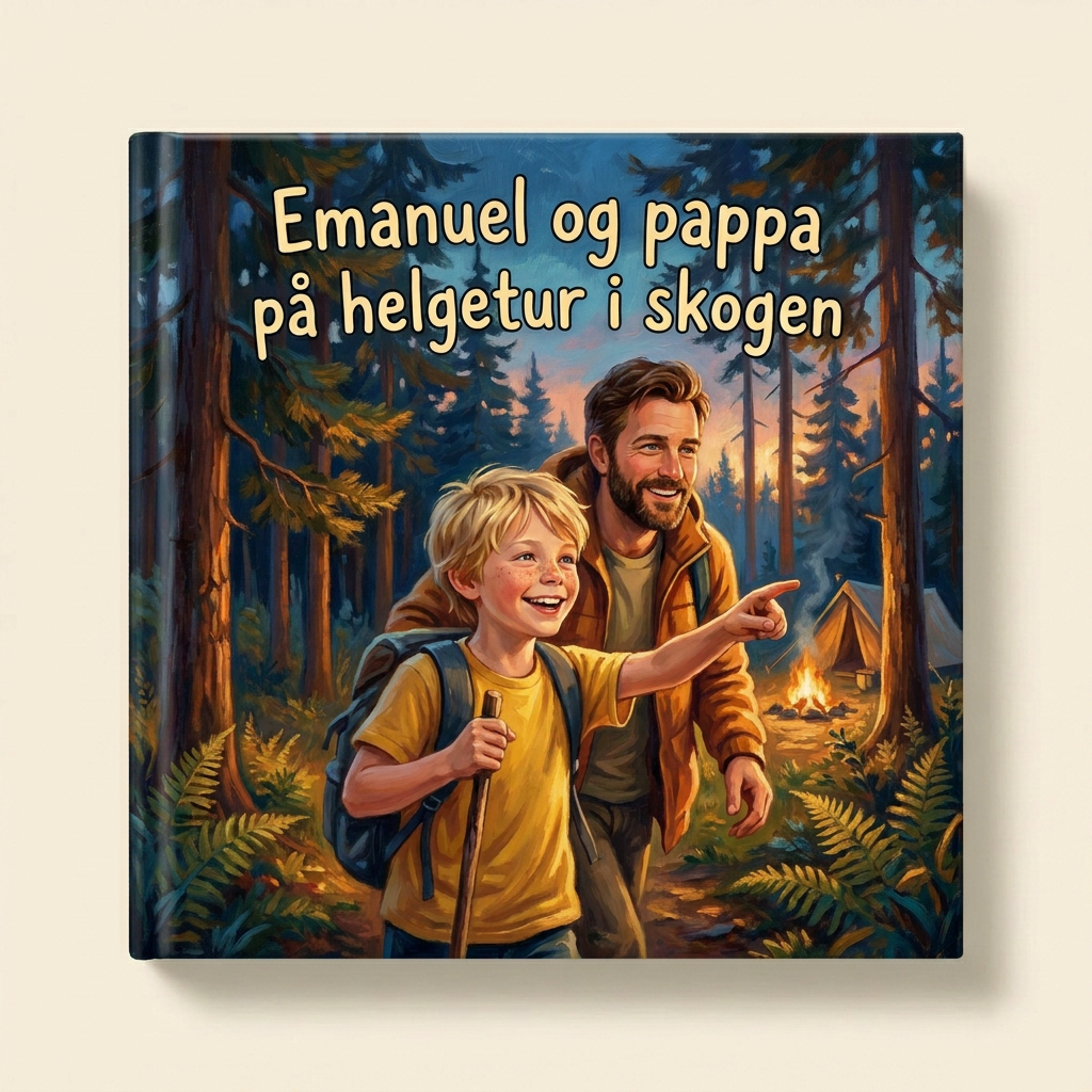 Personlig bok «Emanuel og pappa på helgetur i skogen» på lys, nøytral bakgrunn