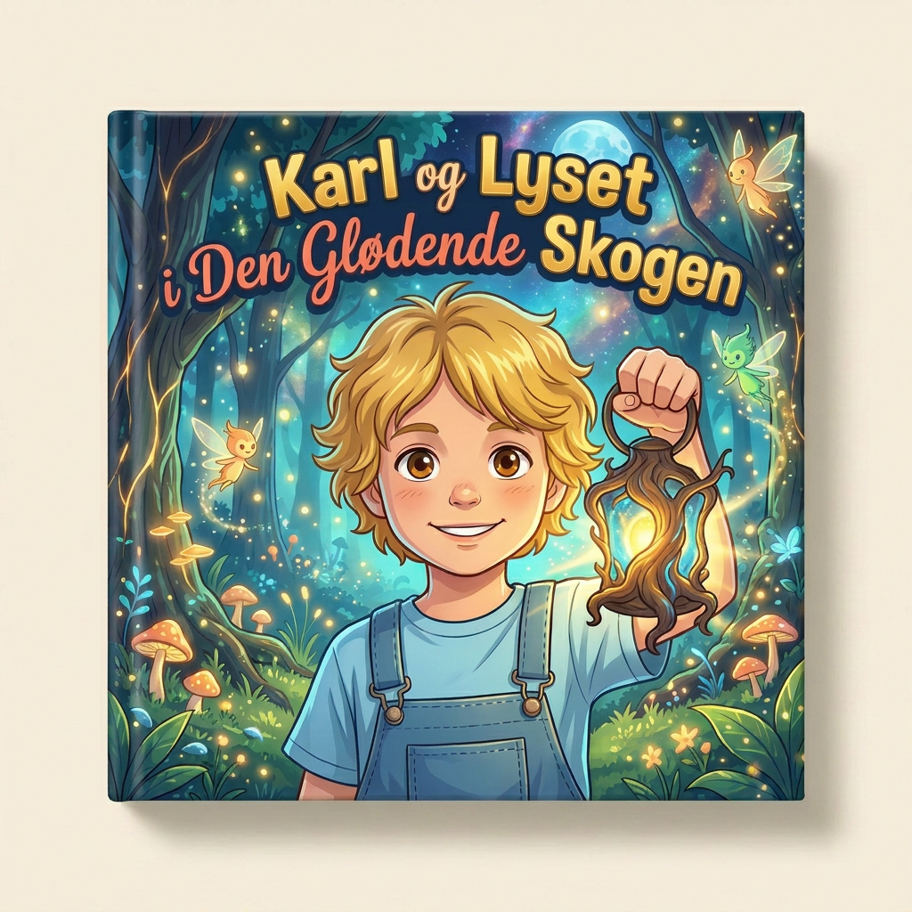 Lukket bokmodell med illustrert forside til «Karl og Lyset i Den Glødende Skogen».