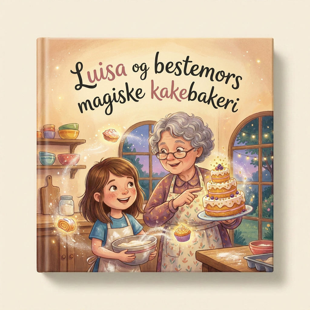 Personlig bok «Luisa og bestemors magiske kakebakeri» på lys, nøytral bakgrunn