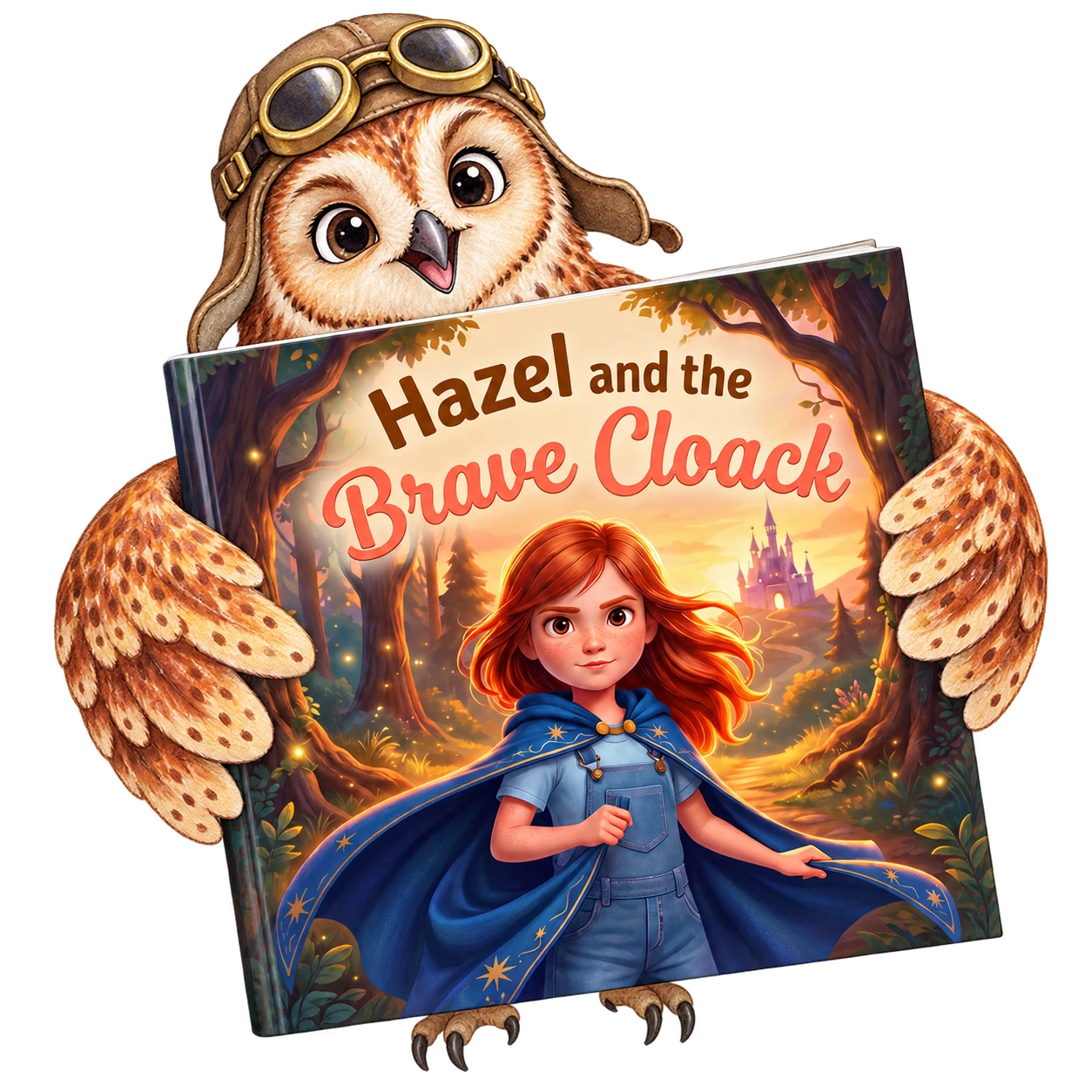 En illustrert ugle som holder den personlige boken Hazel og den modige kappen