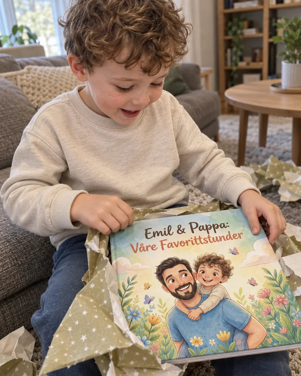 Illustrerende eksempel · Wonder Book Gifts (USA) : Emil pakker opp Pappa-boken sin
