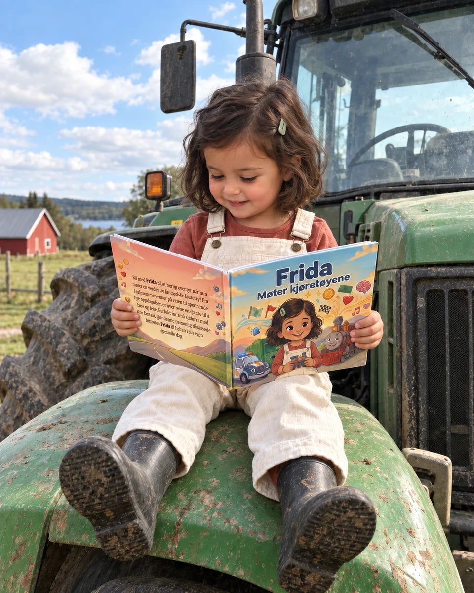 Illustrerende eksempel · Wonder Book Gifts (USA) : Frida leser ved en traktor